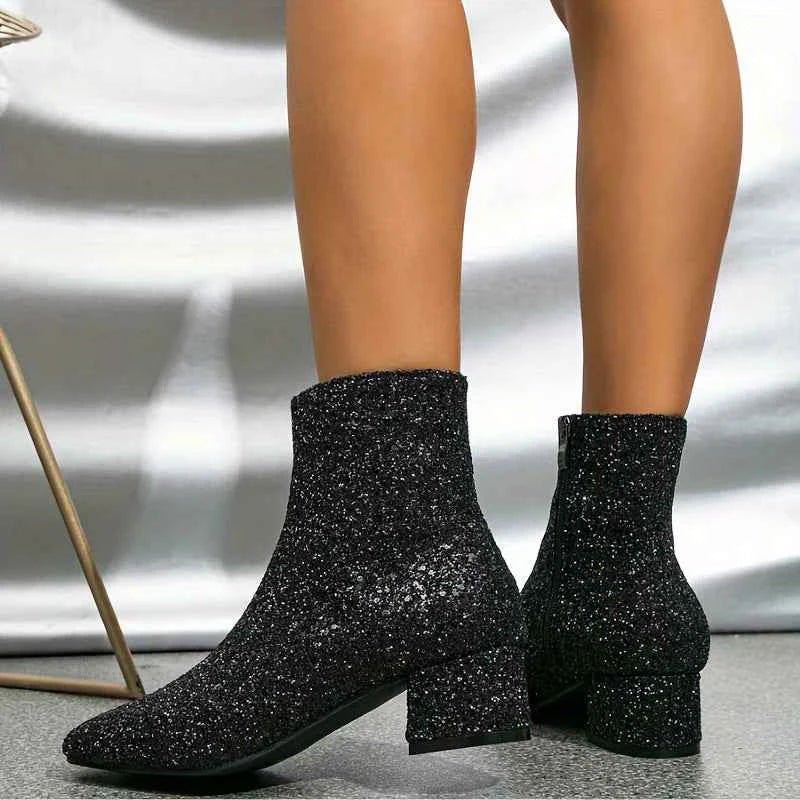 Women's Glitter Ankle Boots with Block Heels and Side Zips
