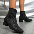 Women's Glitter Ankle Boots with Block Heels and Side Zips