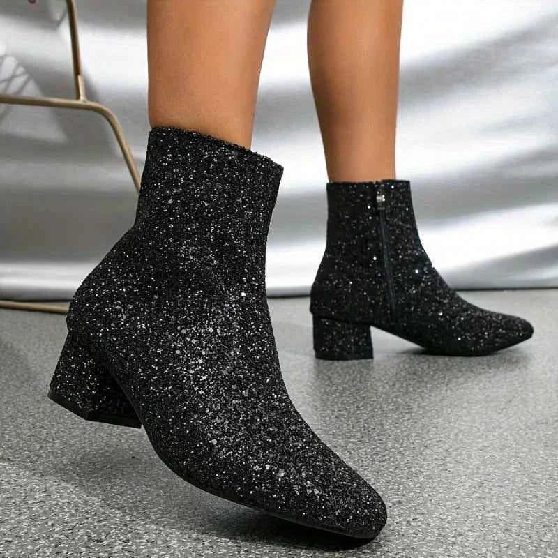 Women's Glitter Ankle Boots with Block Heels and Side Zips
