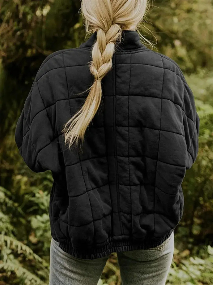 Women's Oversized Quilted Winter Jacket with Stand Collar and Square