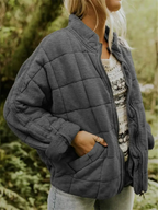 Women's Oversized Quilted Winter Jacket with Stand Collar and Square