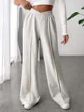 Women's High-Waisted Wide-Leg Lounge Trousers – V-Shaped Elastic Waist Cotton-Blend Full-Length Style for Travel Relaxed Days and Everyday Casual Wear