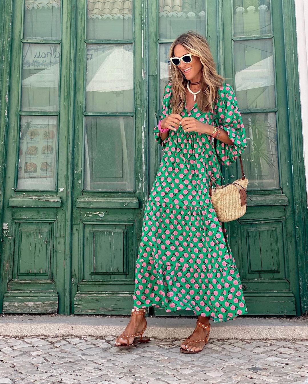 Spotted Print Tiered Boho Maxi Dress