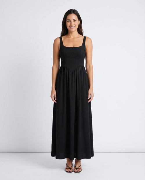 Basque Waist A-Line Maxi Dress