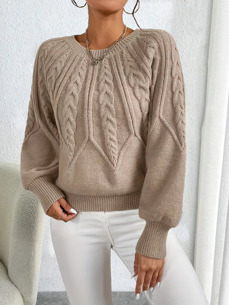 Cable Knit Jumper with Balloon Sleeves – Khaki