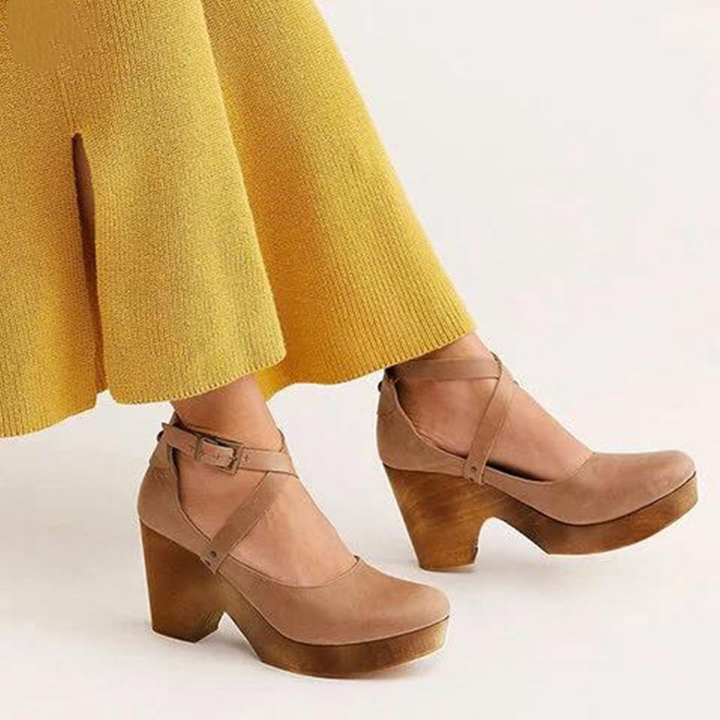 Closed-Toe Wooden Wedge Heels with Ankle Strap