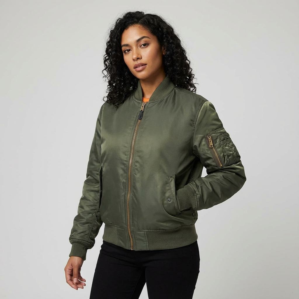Satin Bomber Jacket – Women's Classic MA-1 Zip-Up Jacket with Utility Pocket