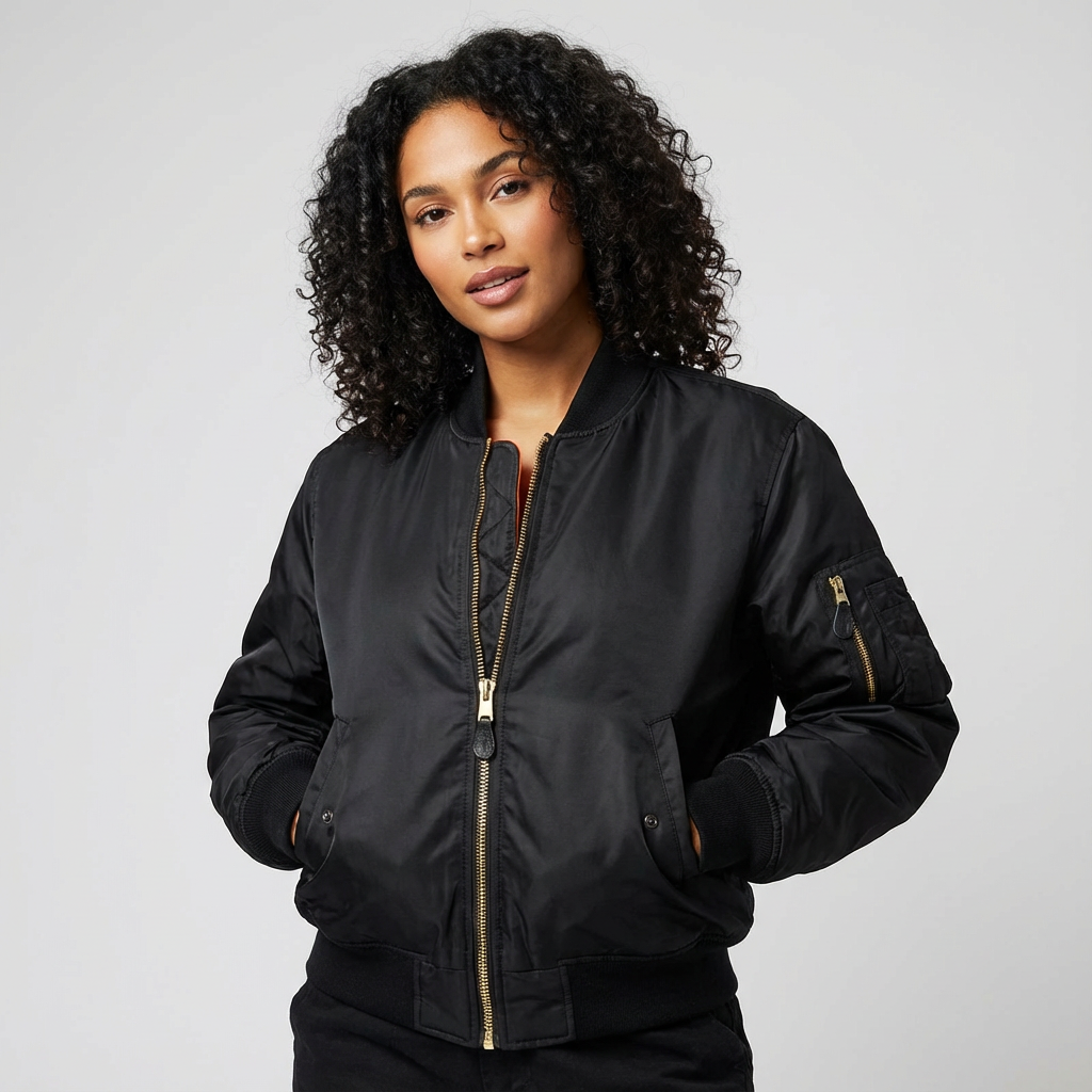 Satin Bomber Jacket – Women's Classic MA-1 Zip-Up Jacket with Utility Pocket