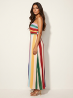 Rainbow Stripe Pleated Maxi Dress – Women's Strapless Summer Occasion Dress