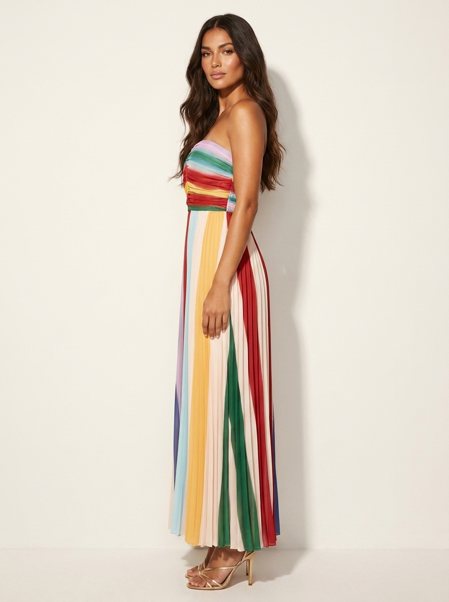 Rainbow Stripe Pleated Maxi Dress – Women's Strapless Summer Occasion Dress