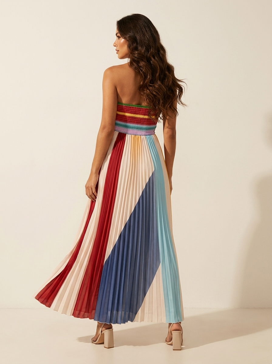 Rainbow Stripe Pleated Maxi Dress – Women's Strapless Summer Occasion Dress