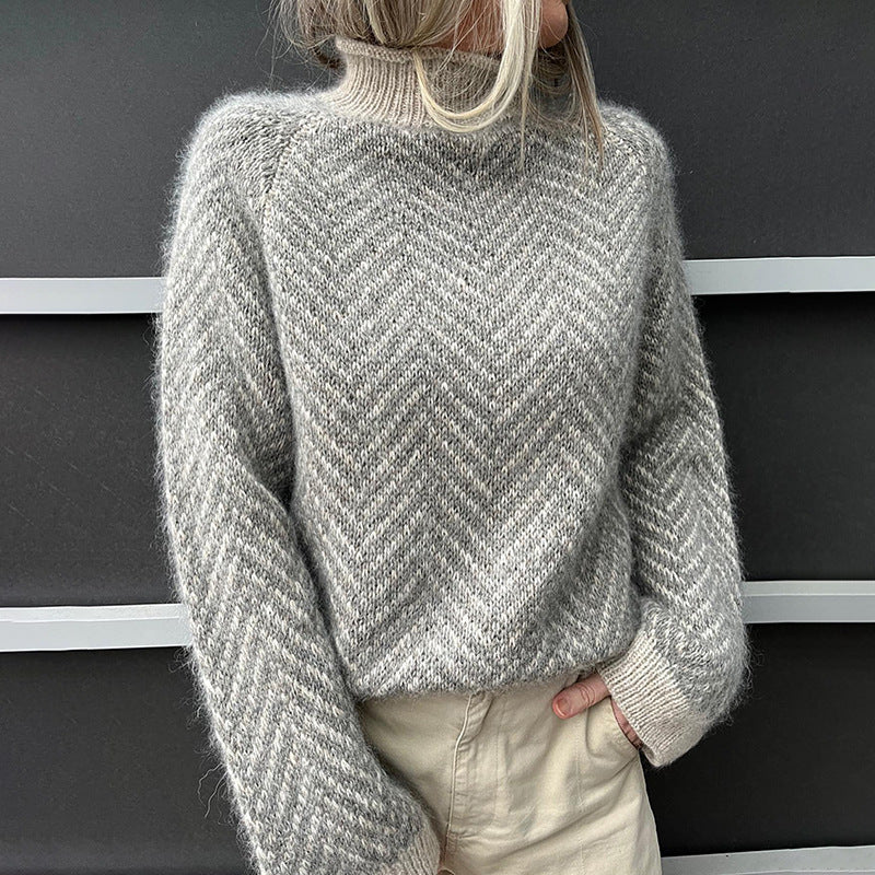 Women's Textured Herringbone Sweater with Ribbed Mock Neck