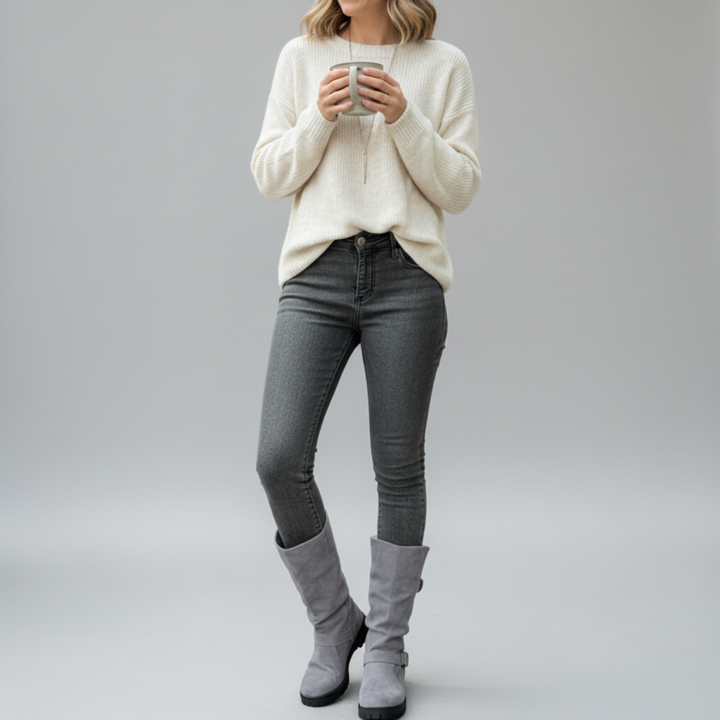 Knit Cuff Ankle Boots with Buckle – Women's Chunky Winter Boots
