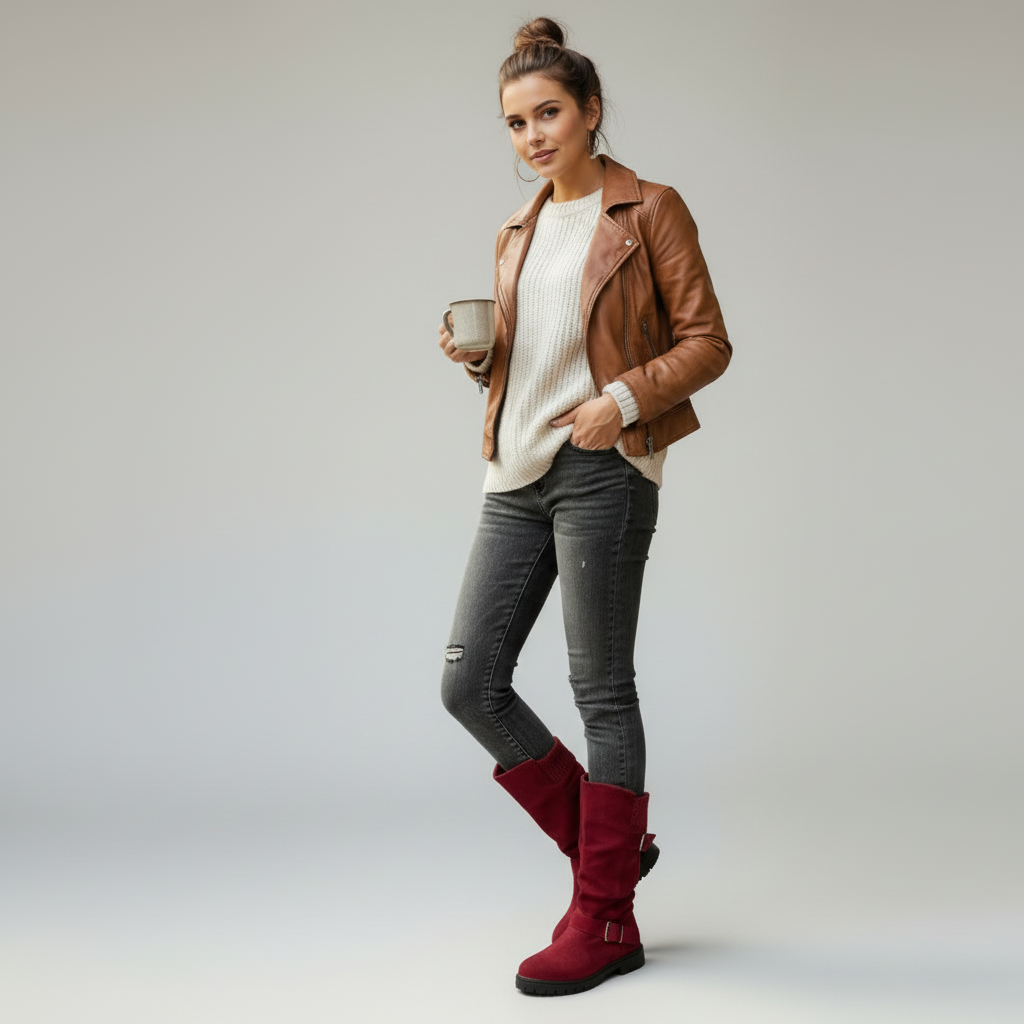 Knit Cuff Ankle Boots with Buckle – Women's Chunky Winter Boots