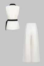 Women's Elegant Belted Sleeveless Waistcoat and Wide Leg Palazzo Trouser