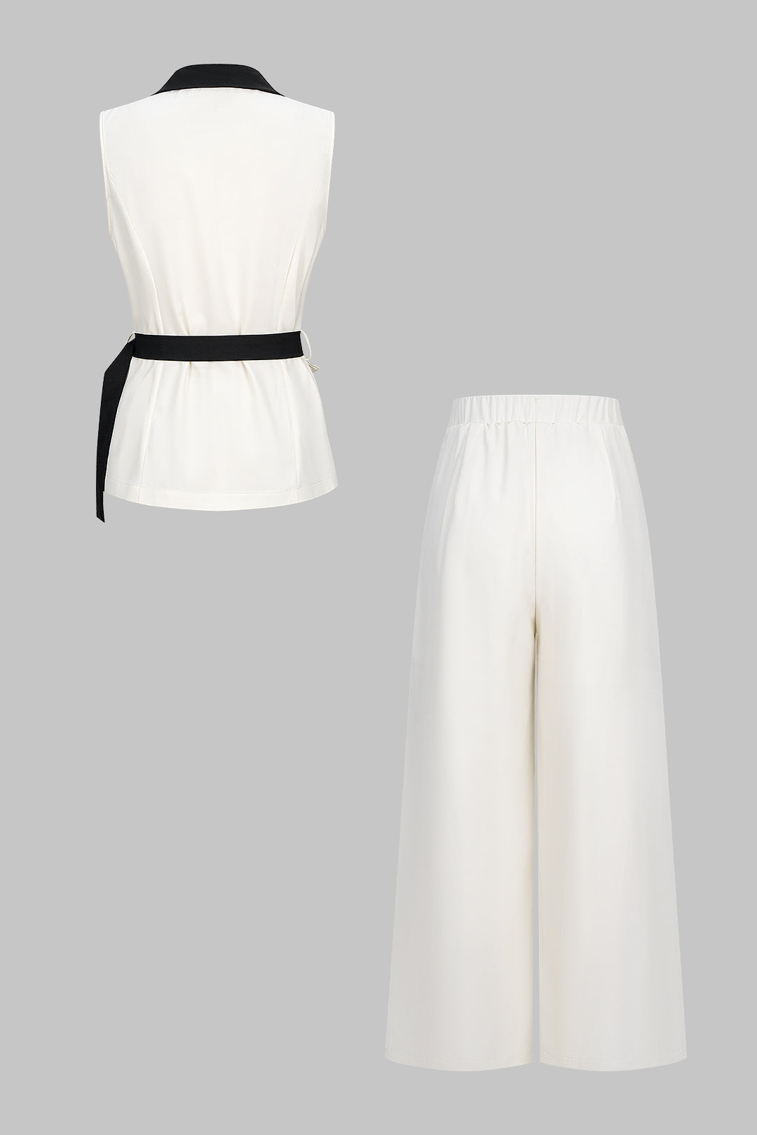 Women's Elegant Belted Sleeveless Waistcoat and Wide Leg Palazzo Trouser