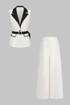 Women's Elegant Belted Sleeveless Waistcoat and Wide Leg Palazzo Trouser