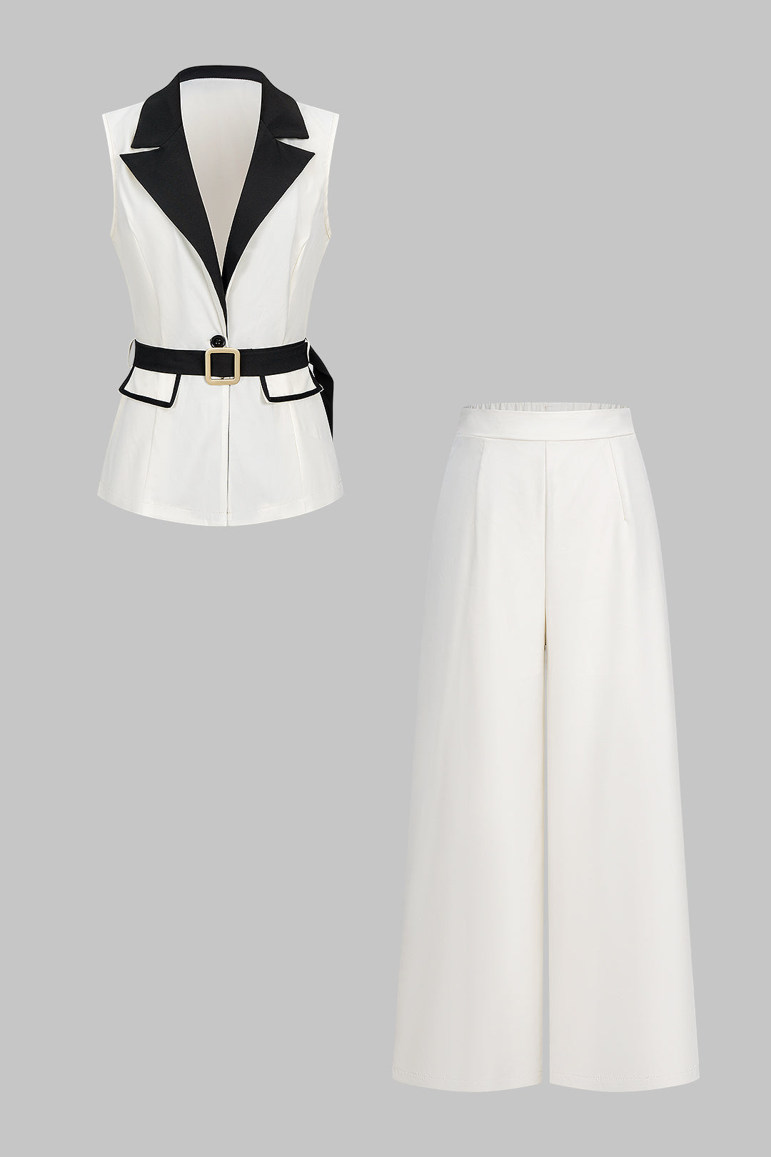 Women's Elegant Belted Sleeveless Waistcoat and Wide Leg Palazzo Trouser