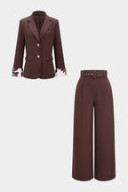 Women's Elegant Tailored Two-Button Blazer and Belted Palazzo Trouser Suit