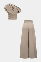 Women's Elegant One Shoulder Draped Top and Belted Wide Leg Trouser Set