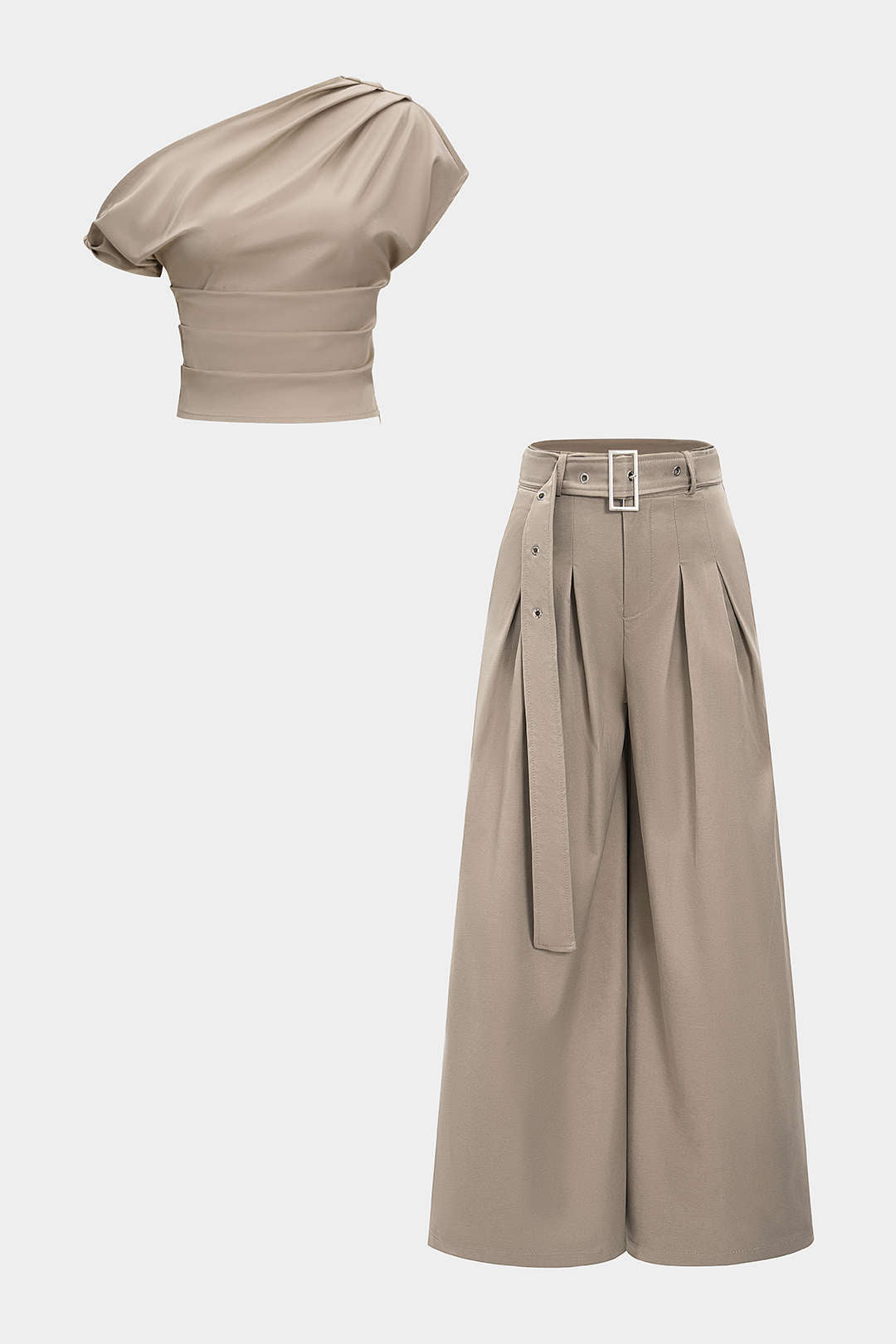 Women's Elegant One Shoulder Draped Top and Belted Wide Leg Trouser Set