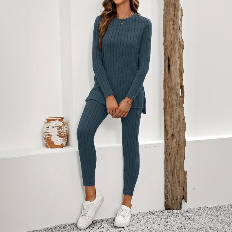 Women's Soft Ribbed Knit Two-Piece Lounge Set with Longline Split Hem Top