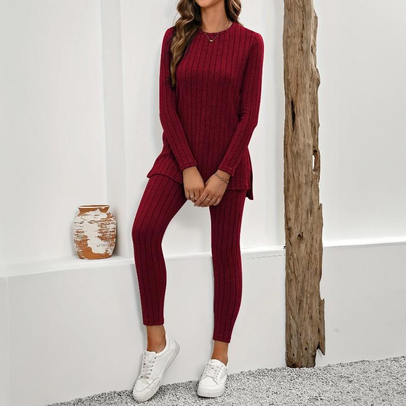 Women's Soft Ribbed Knit Two-Piece Lounge Set with Longline Split Hem Top