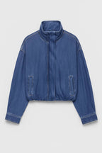Women's Cropped Denim Zip-Up Jacket with High Stand Collar and Relaxed Fit