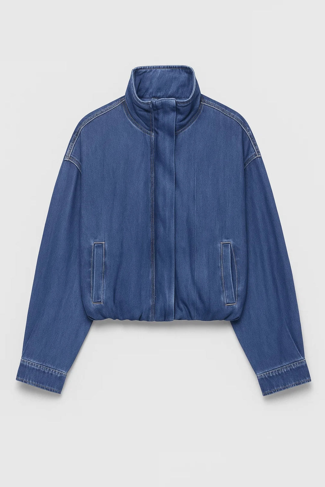 Women's Cropped Denim Zip-Up Jacket with High Stand Collar and Relaxed Fit