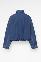 Women's Cropped Denim Zip-Up Jacket with High Stand Collar and Relaxed Fit