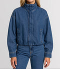 Women's Cropped Denim Zip-Up Jacket with High Stand Collar and Relaxed Fit