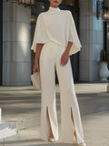 Women's Elegant High Neck Cape Sleeve Blouse and Wide Leg Split Hem