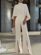 Women's Elegant High Neck Cape Sleeve Blouse and Wide Leg Split Hem