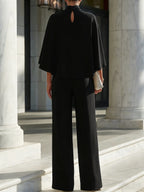 Women's Elegant High Neck Cape Sleeve Blouse and Wide Leg Split Hem