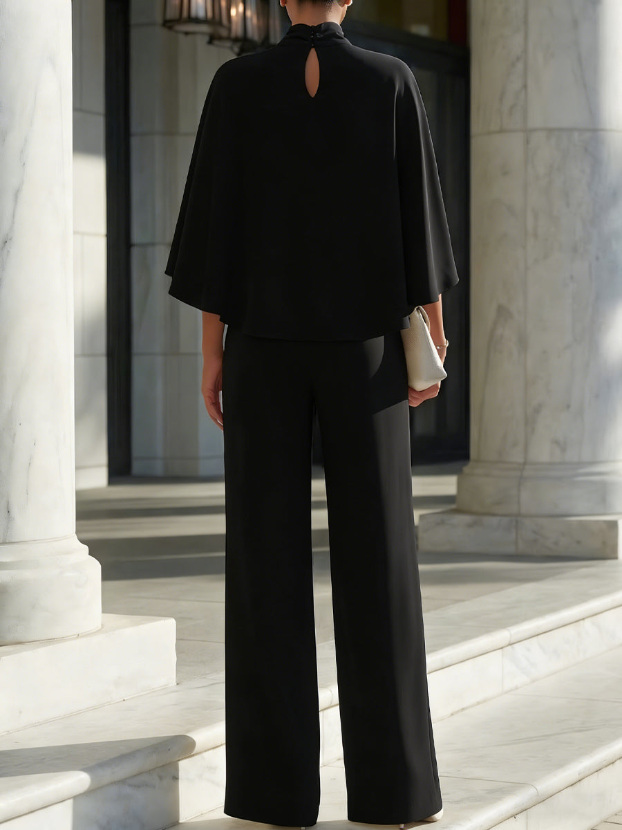 Women's Elegant High Neck Cape Sleeve Blouse and Wide Leg Split Hem