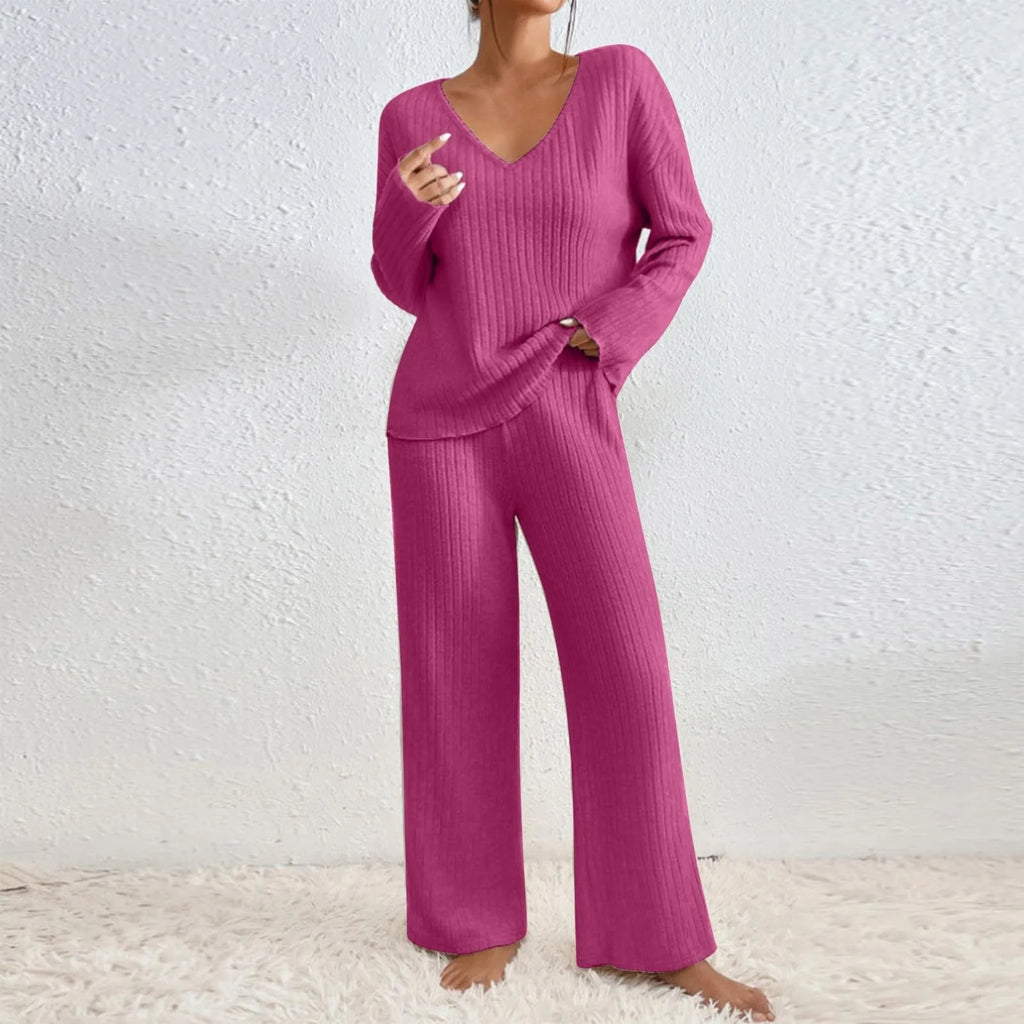 Ribbed Knit Two-Piece Set – V-Neck Top and Trousers