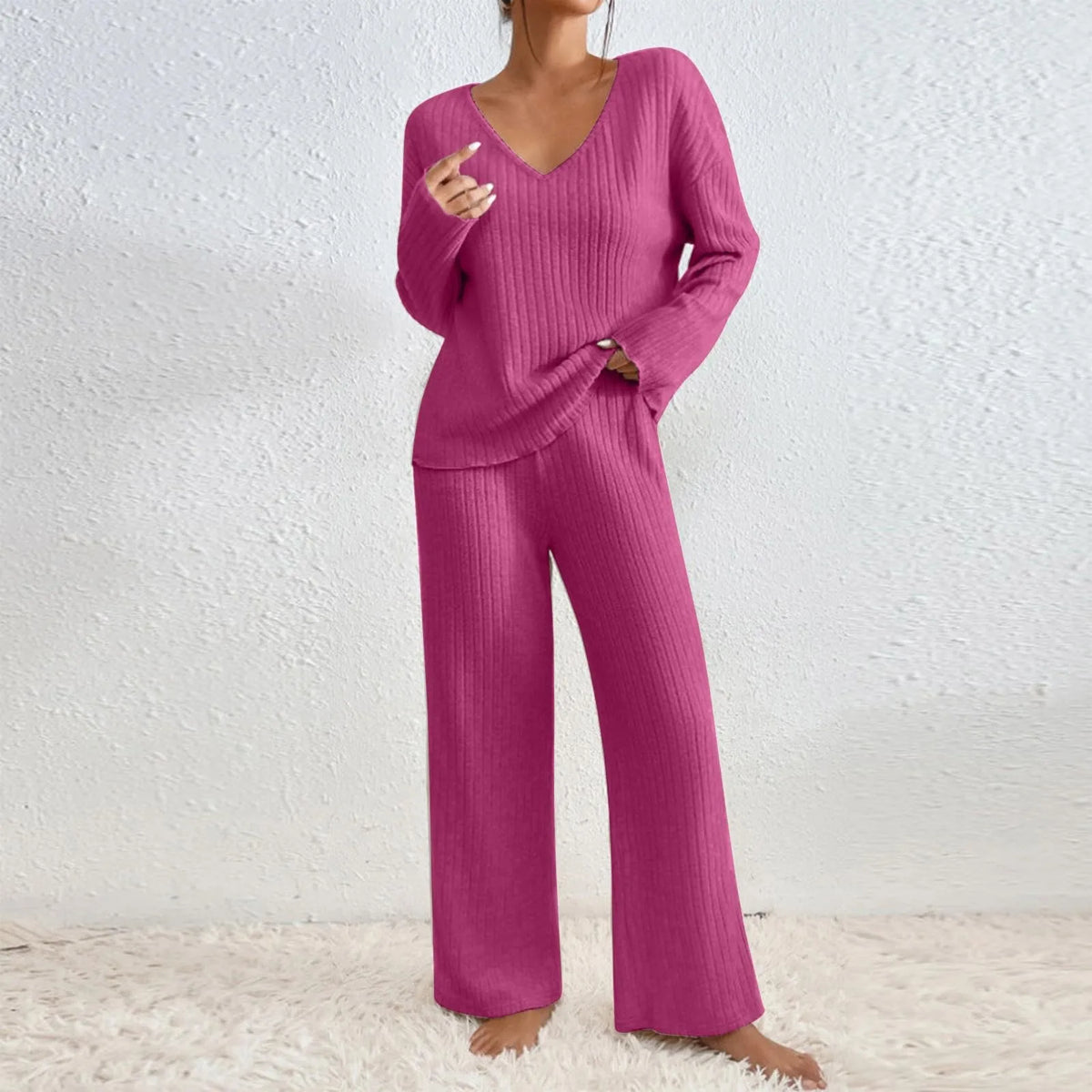 Ribbed Knit Two-Piece Set – V-Neck Top and Trousers