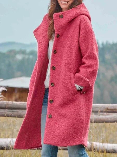 Fluffy Winter Coat with Hood and Button Front