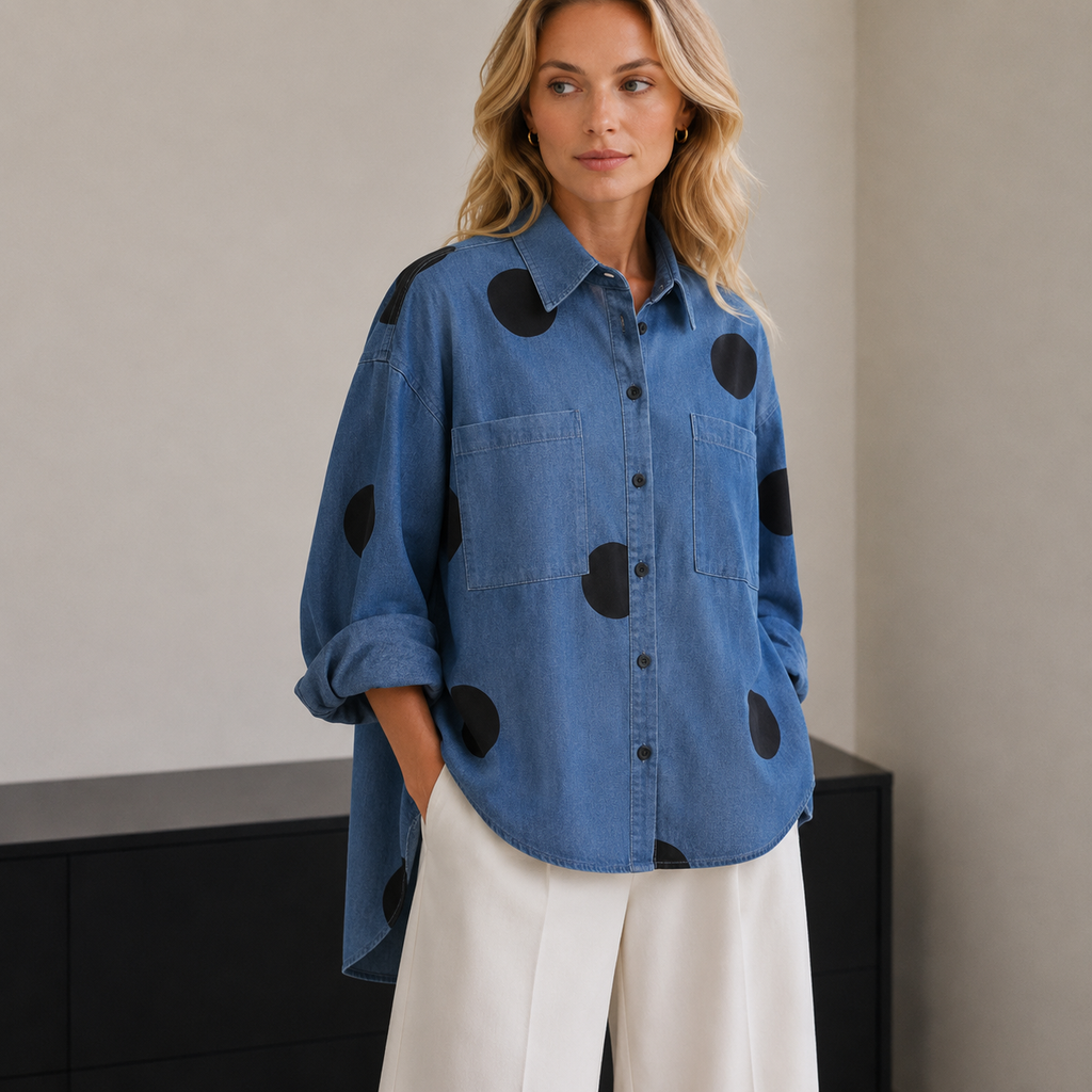 Women's Oversized Long Sleeve Denim Shirt with Printed Design and Chest