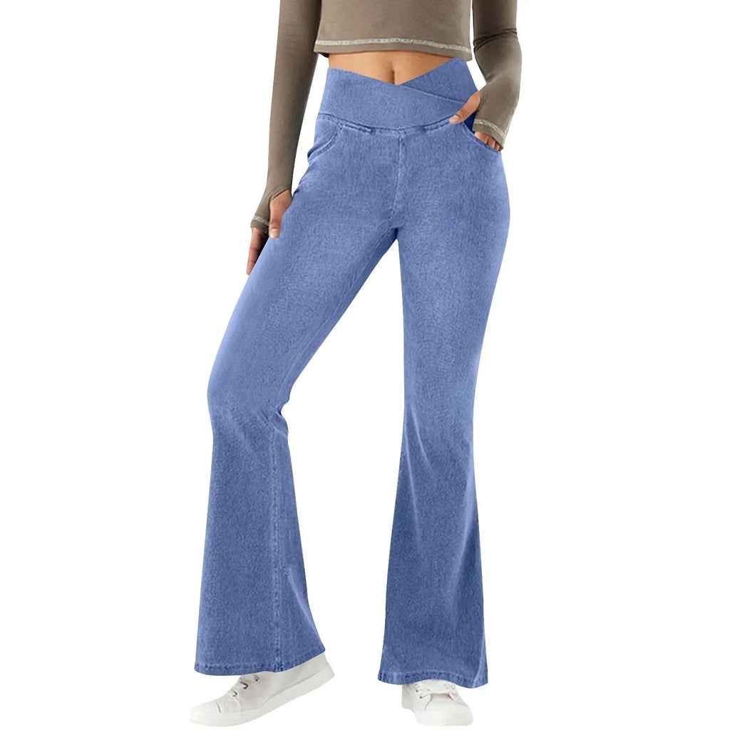 Women's High-Waisted Stretch Flared Jeans – Sculpted Full-Length Denim Style with Functional Pockets for Casual Days Travel and Everyday Wear