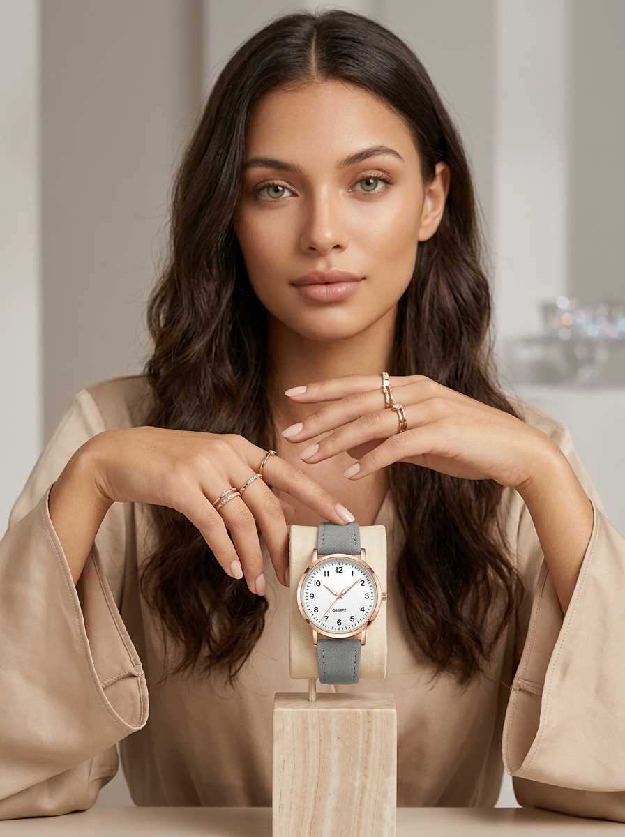 Rose Gold Watch with Suede-Look Strap – Women's Elegant Minimalist Watch
