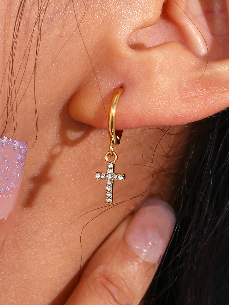Gold Crystal Cross Earrings – Zirconia Cross Drop Earrings
