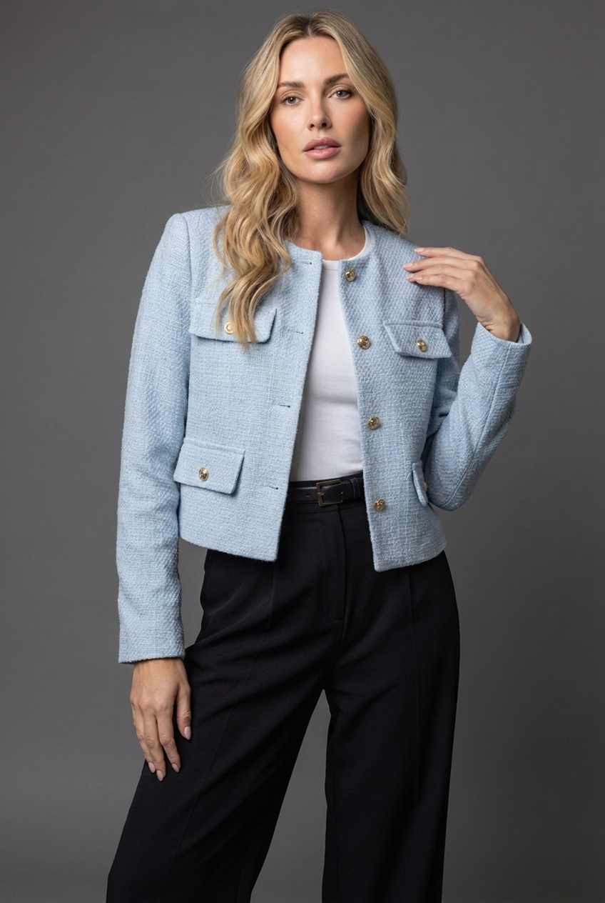 Tweed Cropped Blazer Jacket - Round Neck Smart Occasion Wear | Meave & Ivy