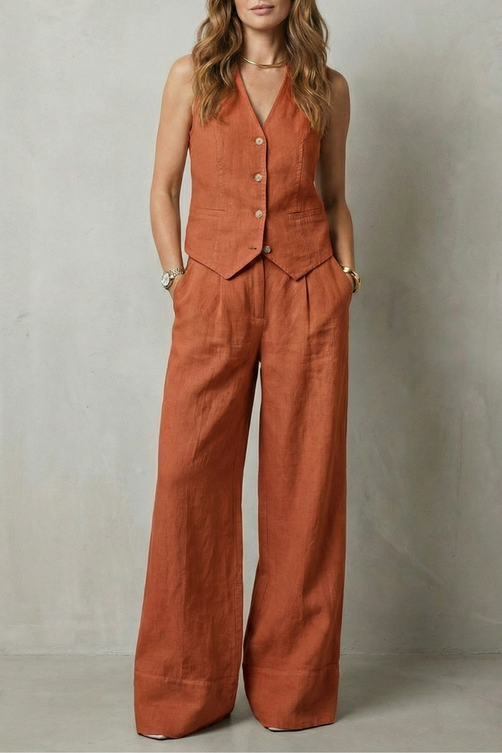 Sleeveless Tailored Vest & Wide-Leg Trouser Set