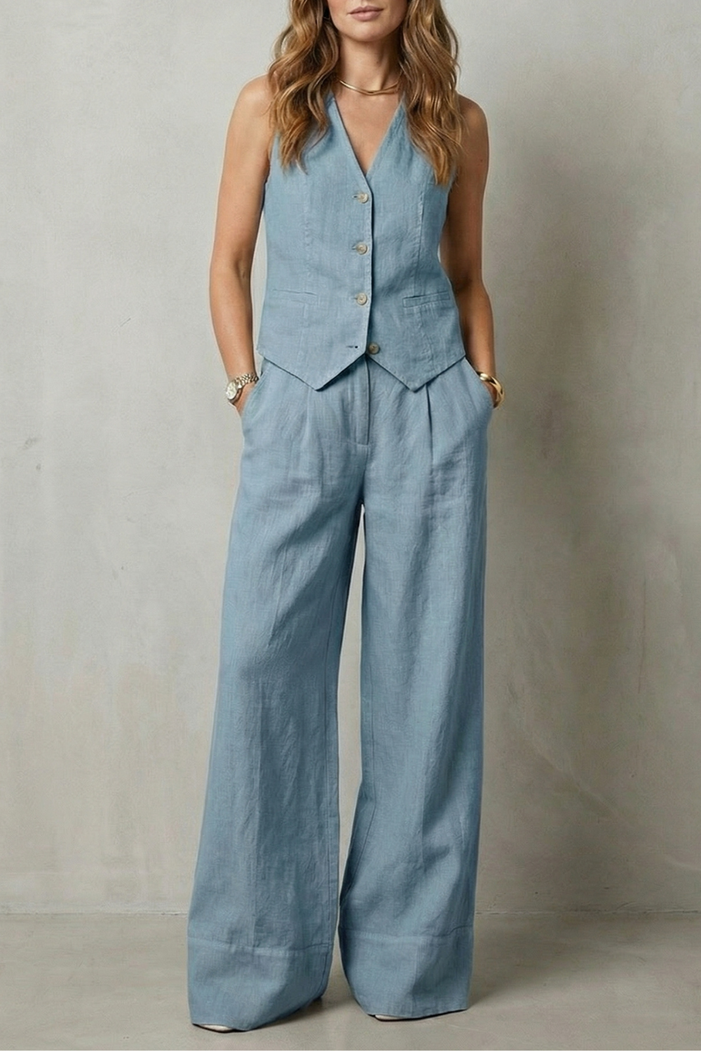 Sleeveless Tailored Vest & Wide-Leg Trouser Set