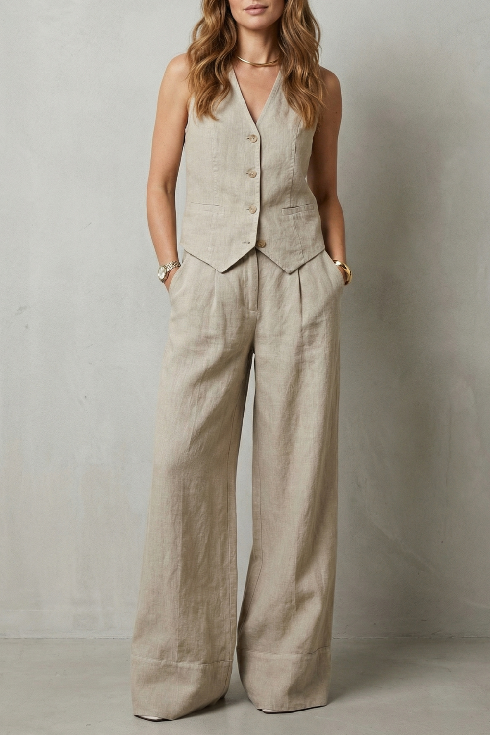 Sleeveless Tailored Vest & Wide-Leg Trouser Set