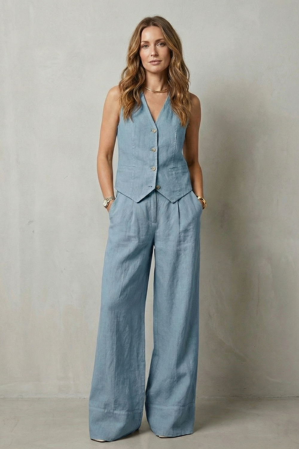 Sleeveless Tailored Vest & Wide-Leg Trouser Set