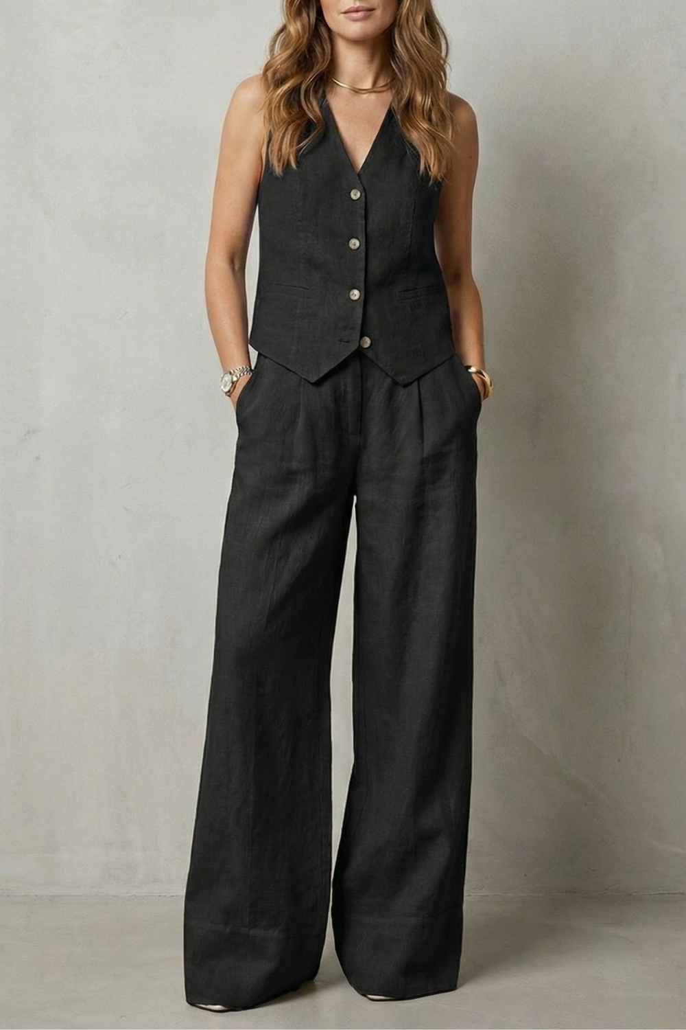 Sleeveless Tailored Vest & Wide-Leg Trouser Set