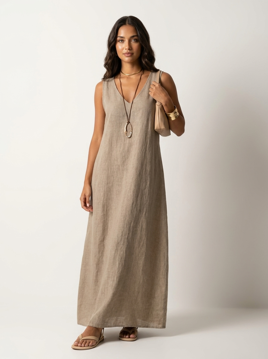 Linen-Look Maxi Dress – Women's Sleeveless V-Neck Summer Dress