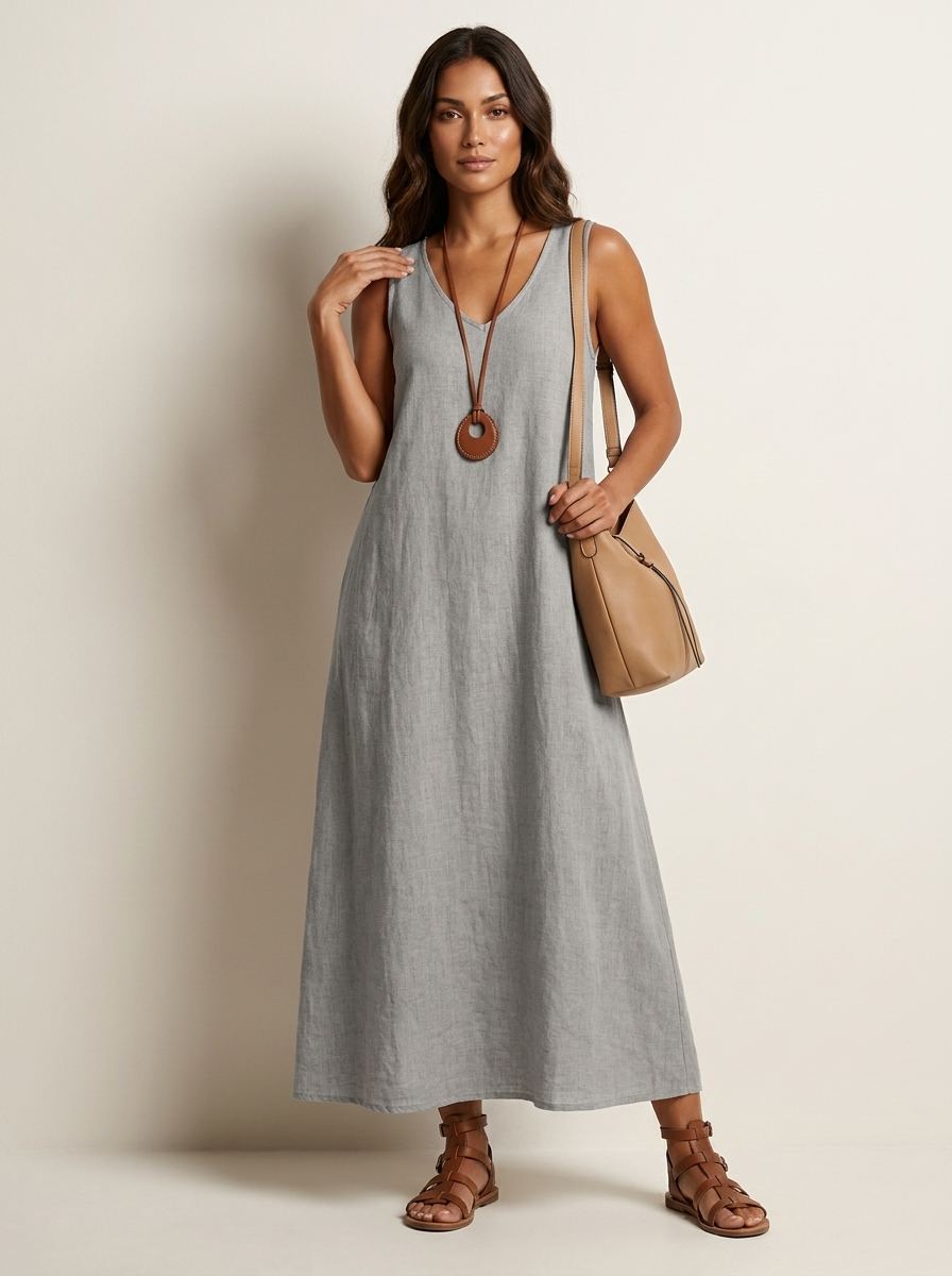 Linen-Look Maxi Dress – Women's Sleeveless V-Neck Summer Dress
